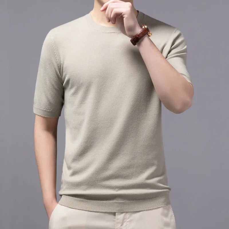 Superfine Merino Cashmere Knitted O-neck T-shirt for Men's Clothing Short Sleeve Tee Solid Color Trend Leisure Tee Tops ﻿