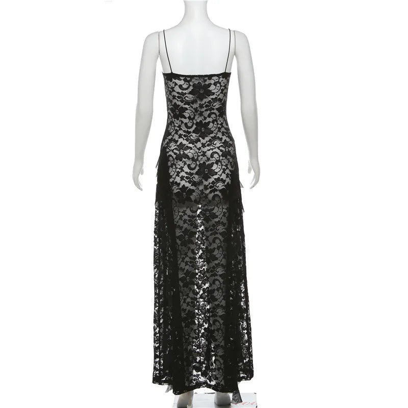 Nibber Sexy See Through Lace Sleeveless Long Dress Women Patchwork Summer Backless V-neck Side Slit Party Evening Maxi Vestidos