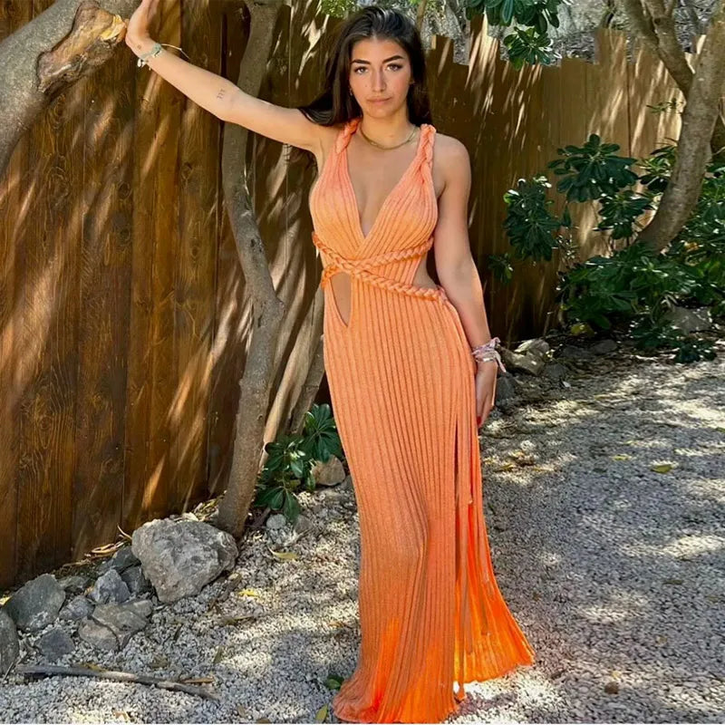 Knitted Halter Over Long Dresses Camisole V-Neck Hollow Out Strap Waist Cinching Slimming Split Beach Long Dresses Crochet Robes