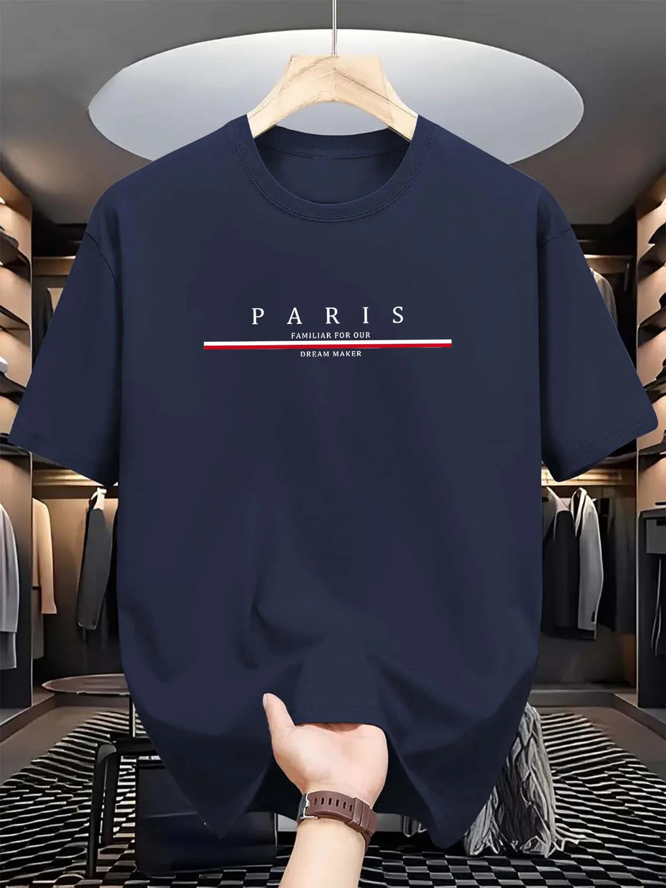 Men's 100% pure cotton summer casual loose fashion Paris letter printed comfortable round neck short sleeved T-shirt top