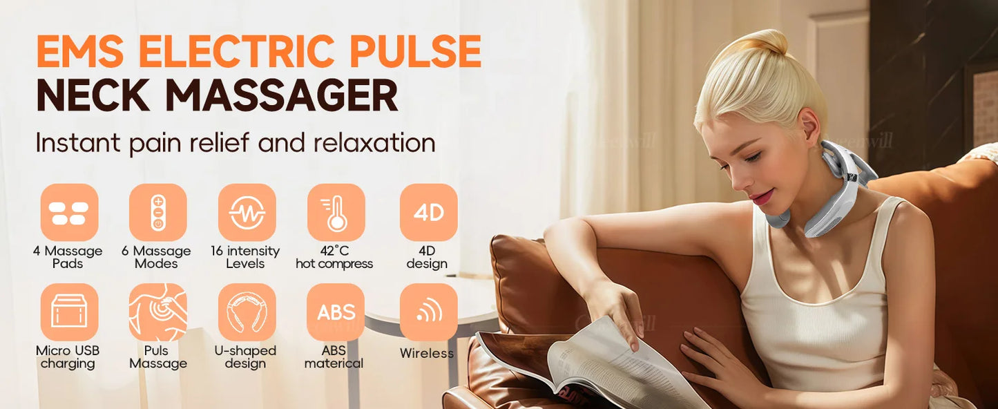 Smart Neck and Shoulder Massager-4 Massager pads,6 modes and 16 levels,Portable Cordless USB Charging Gift for Men & Women