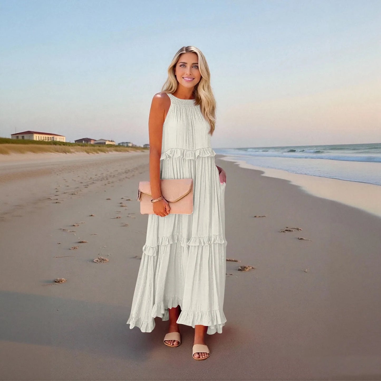Women's Ruffled hem layered long dresses Summer Sleeveless backless dress Fashion Long Dress Big Swing Beach Dress vestidos