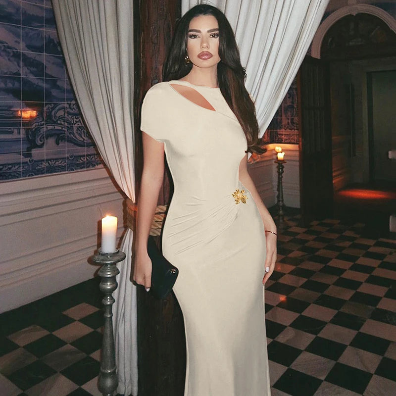 Mozision Hollow Out Backless Sexy Maxi Dress For Women Fashion Metal Buckle Solid Short Sleeve High Waist Slim Fit Long Dress