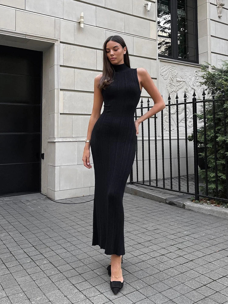 2024 Spring Summer Knitted Long Dress Women Elegant Turtleneck Sleeveless Basic Bodycon Solid Maxi Dresses Female Vestidos