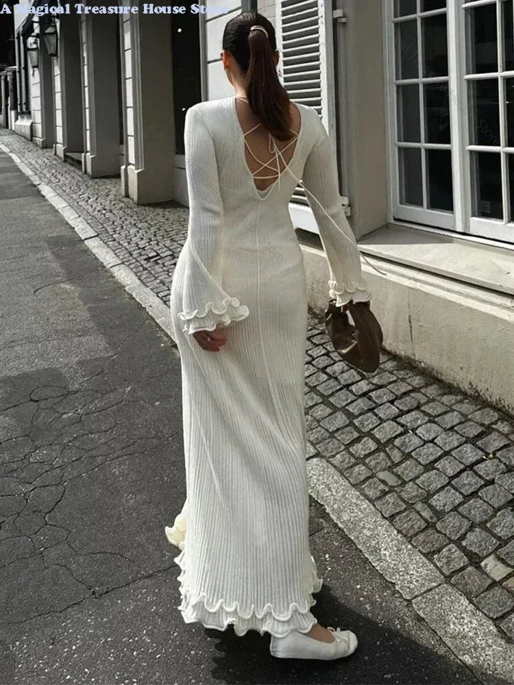 Fashion Ruffled Hem Knitted Long Dress Women Sexy O Neck Flare Long Sleeve Backless Lace Up Slim Dresses Female Vacation Robes