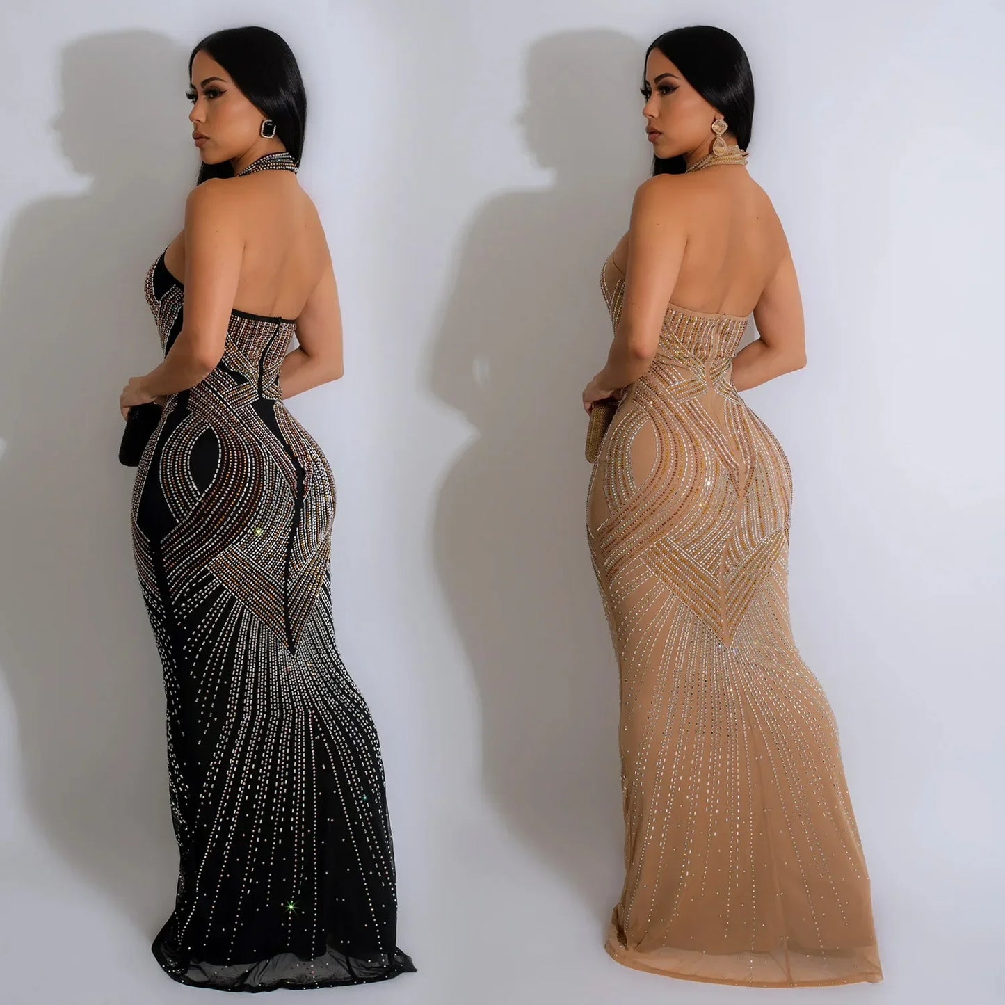 Fashion Women's Wear Solid Color Mesh Hot Rhinestone Halter Maxi Dress Sleeveless Formal Evening Long Dress Skinny Slim