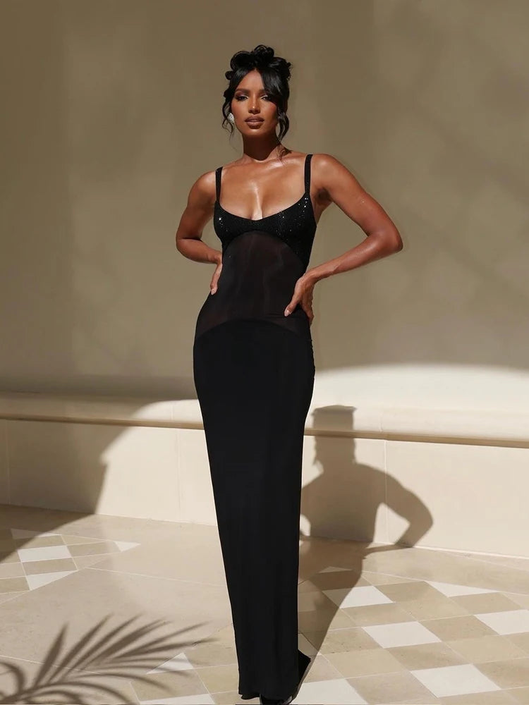 Sexy Spaghetti Strap Diamonds Mesh Patchwork Long Dress Women Sleeveless Beaded Maxi Slim Dress Celebrity Club Party Gowns
