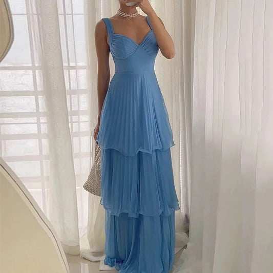 2025 Summer Hollow Sleeveless Pleated Long Dress Sexy Backless High Waist Suspenders Dresses New Blue Ladies V Neck Party Dress