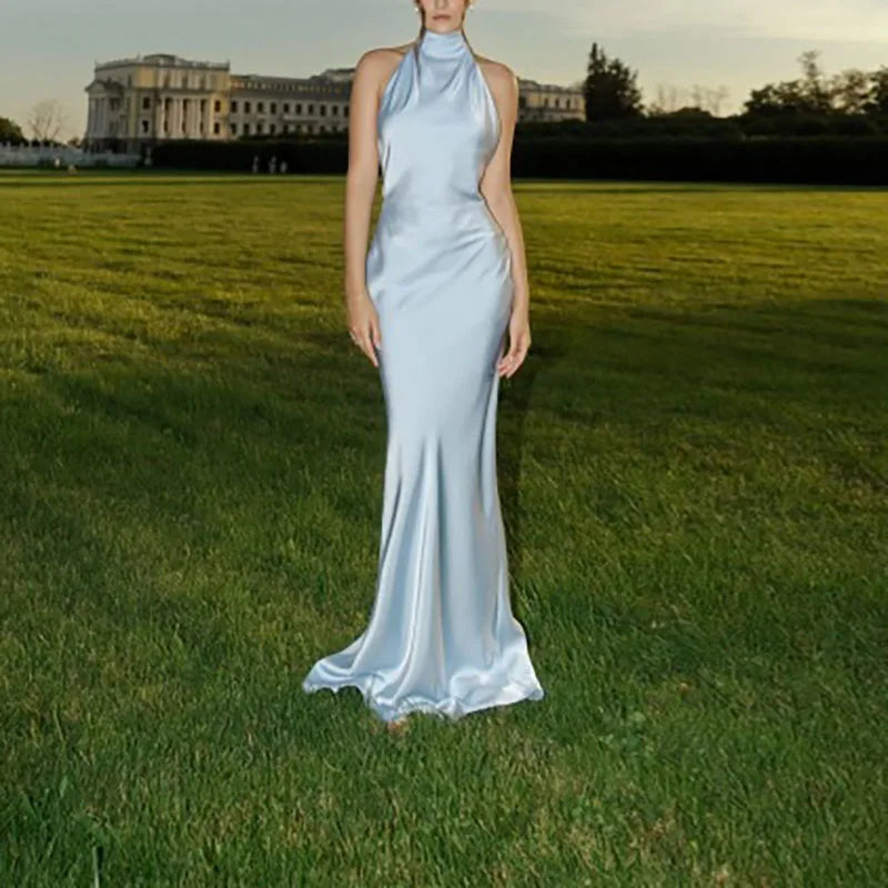 Robes Woman Elegant Solid Satin Party Dresses Spring Halter RIbbons Backless Maxi Dress Summer Hollow Sleeveless Slim Long Dress