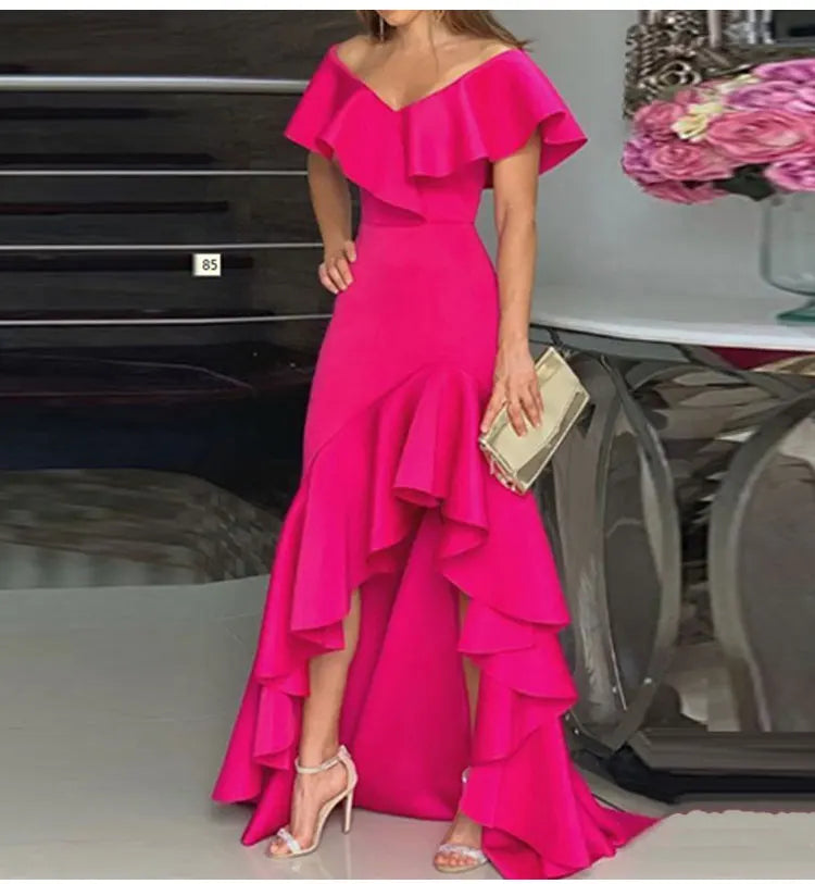 2023 Autumn New European and American Style V-Neck Long Dress with Ruffled Edge Irregular Elegant Dress Party Dress