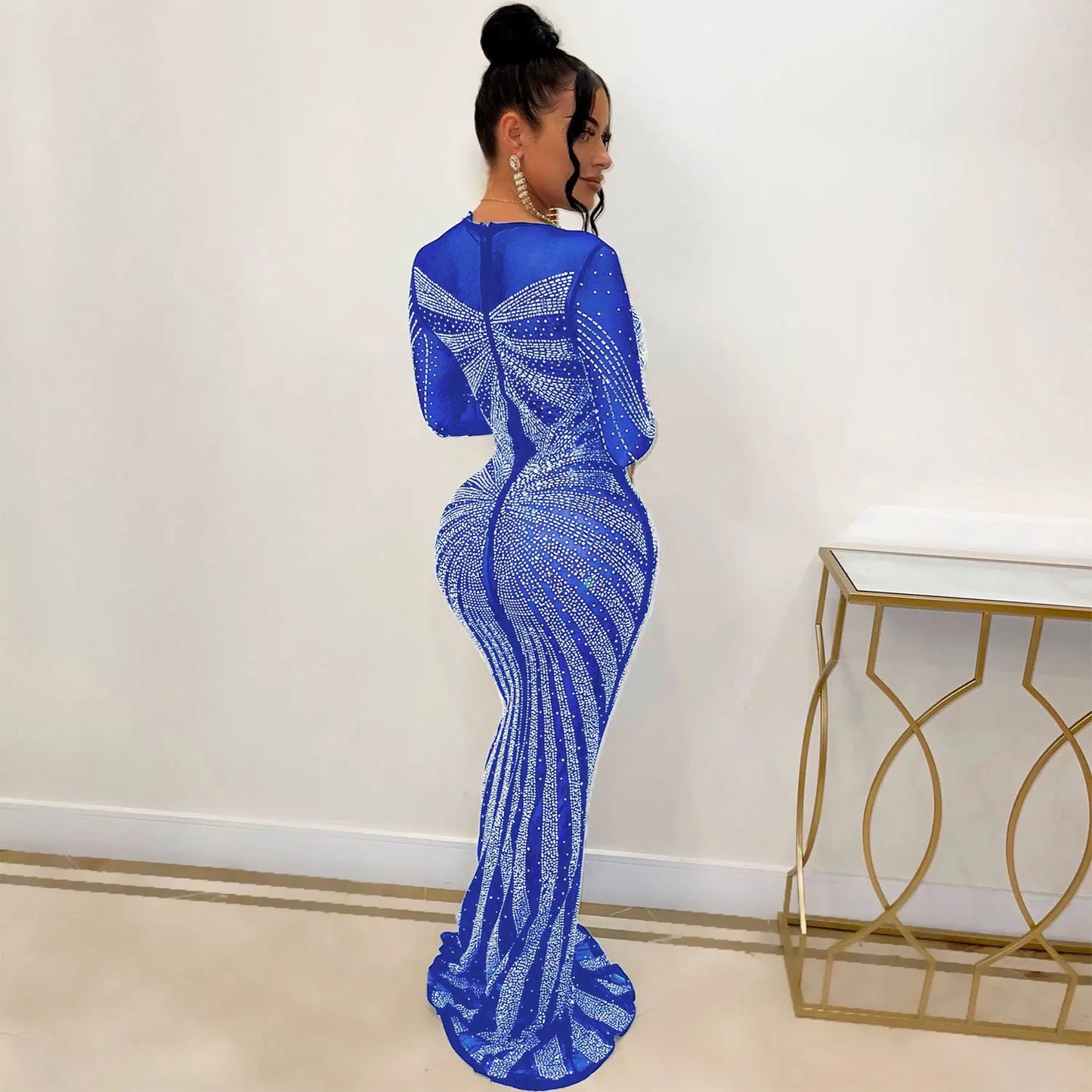 Sexy Rhinestone Crystal Mesh See Through Maxi Dress New Women Long Sleeve Birthday Night Clubwear Long Dress Wedding Party Dress