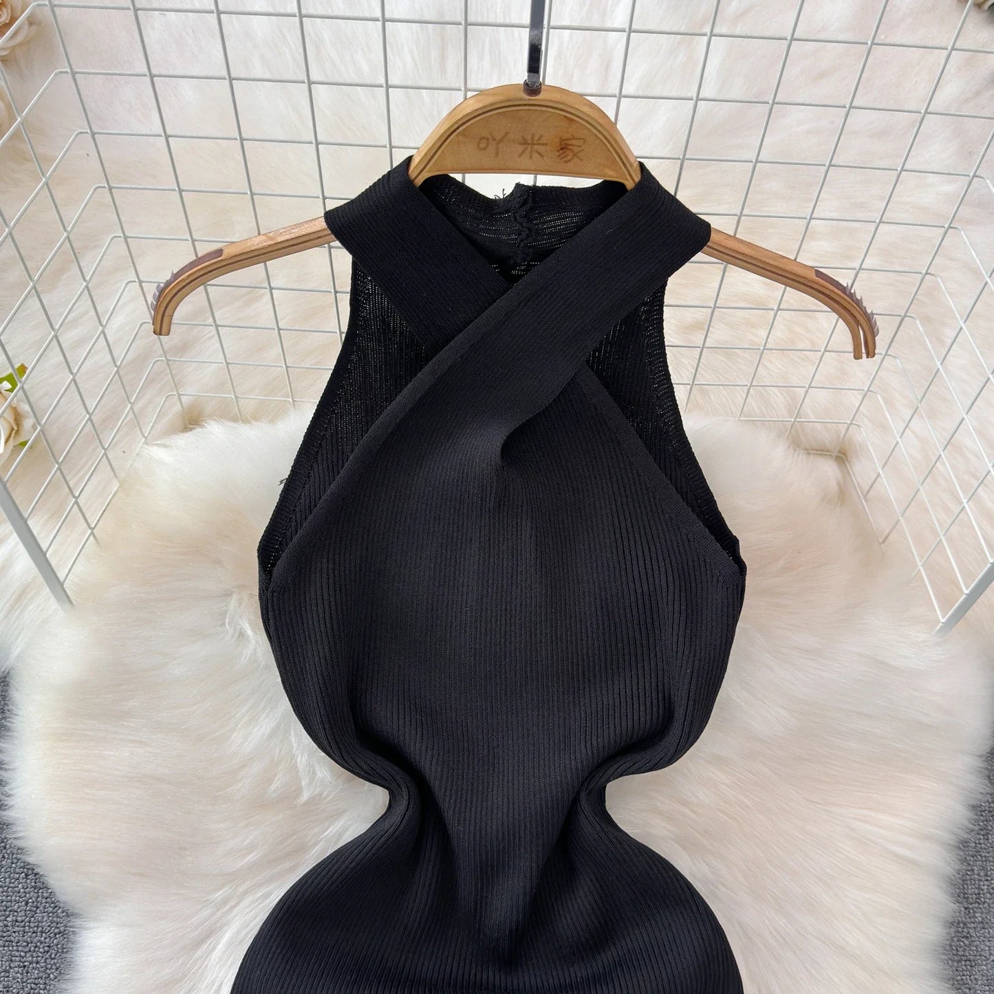 Solid 2024 Cross Knitted Women Dress Summer Strap Sleeveless Bodycon Dress Europe Style Halter Ladies Sexy Midi Long Dress