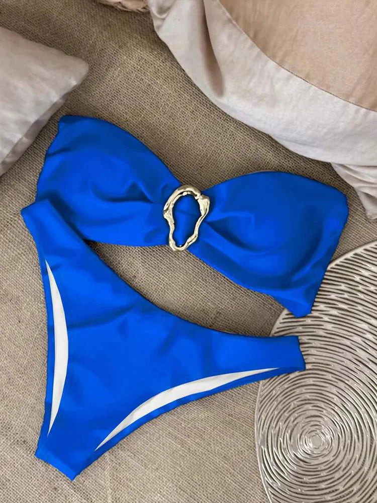 Sexy Solid Strapless Bikini 2 Piece Set Women Split Swimsuit Low Waist Beach Backless Bikini 2025 New Summer Swimwear Bikini Set