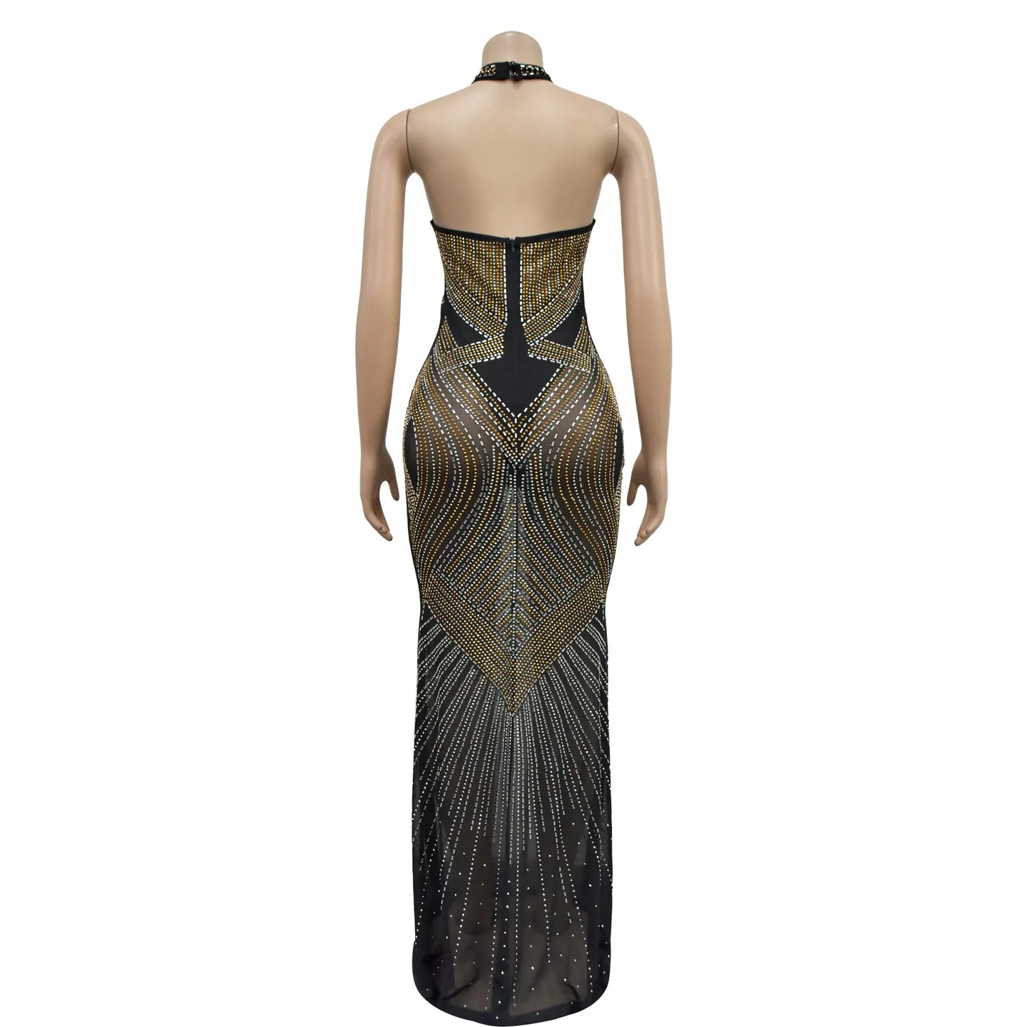 Fashion Women's Wear Solid Color Mesh Hot Rhinestone Halter Maxi Dress Sleeveless Formal Evening Long Dress Skinny Slim