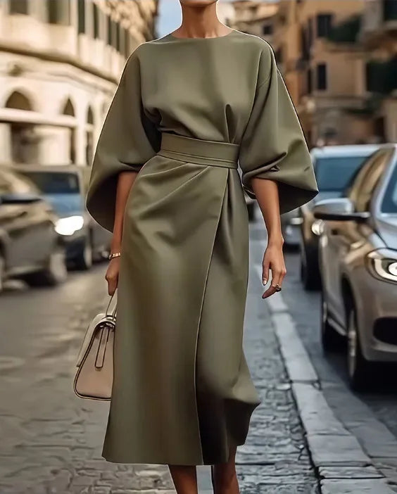 2025 Spring/Summer New Elegant Women's Dress Fashion Casual Solid Color Waist Round Neck Bat Sleeve Long Dress