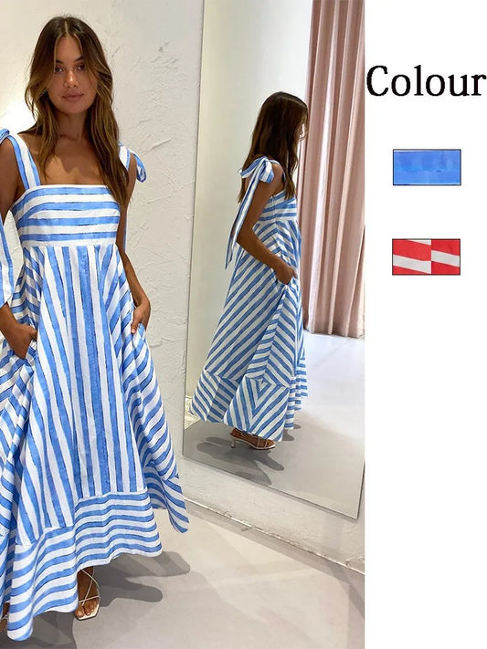 2024 Summer New Stripe Print Spaghetti Strap Dresses For Women Fashion Elegant Lady Bowknot Shoulder Strap Long Dress Vestidos