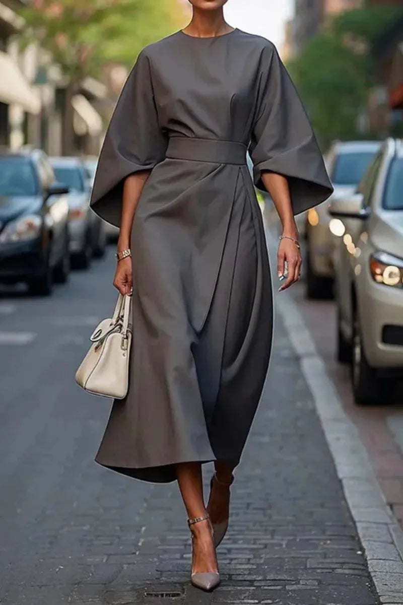 2025 Spring/Summer New Elegant Women's Dress Fashion Casual Solid Color Waist Round Neck Bat Sleeve Long Dress