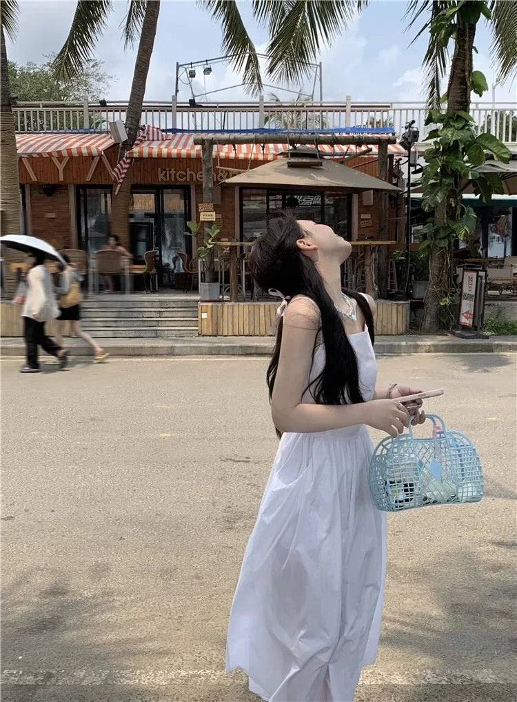 French Style Sexy Open-Back Blue Tank Dress Women's Summer Vacation Beach A- Line Long Dress Beach Vacation Dress