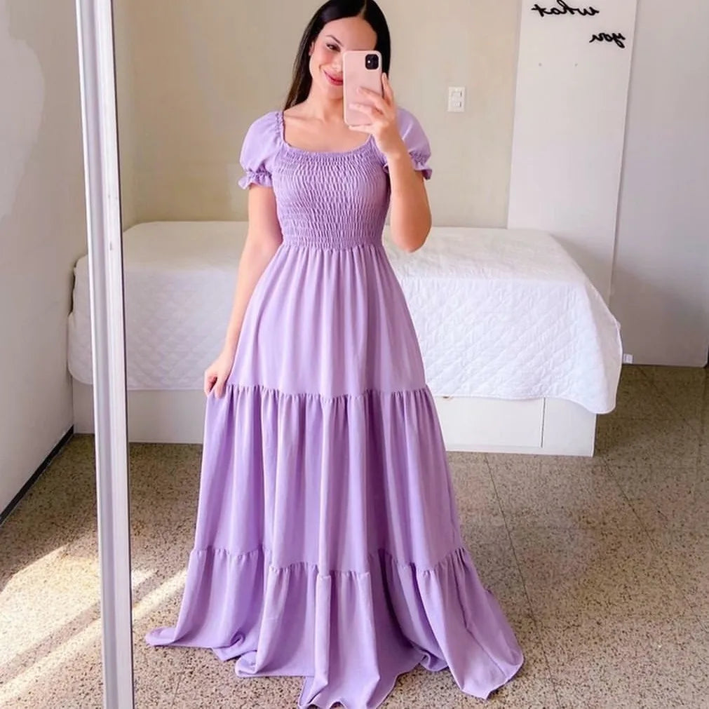 2025 Spring Summer New Women Closing Solid Color Square Collar Short Sleeve Long Dress Vestidos Largos vestidos verano moda 2024