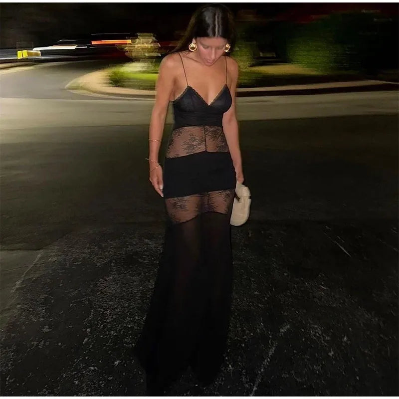 New Sexy Lace V-neck Sling Long Dress Women Retro Black Perspective Sleeveless Patchwork Maxi Dresses Female Chic Street Party