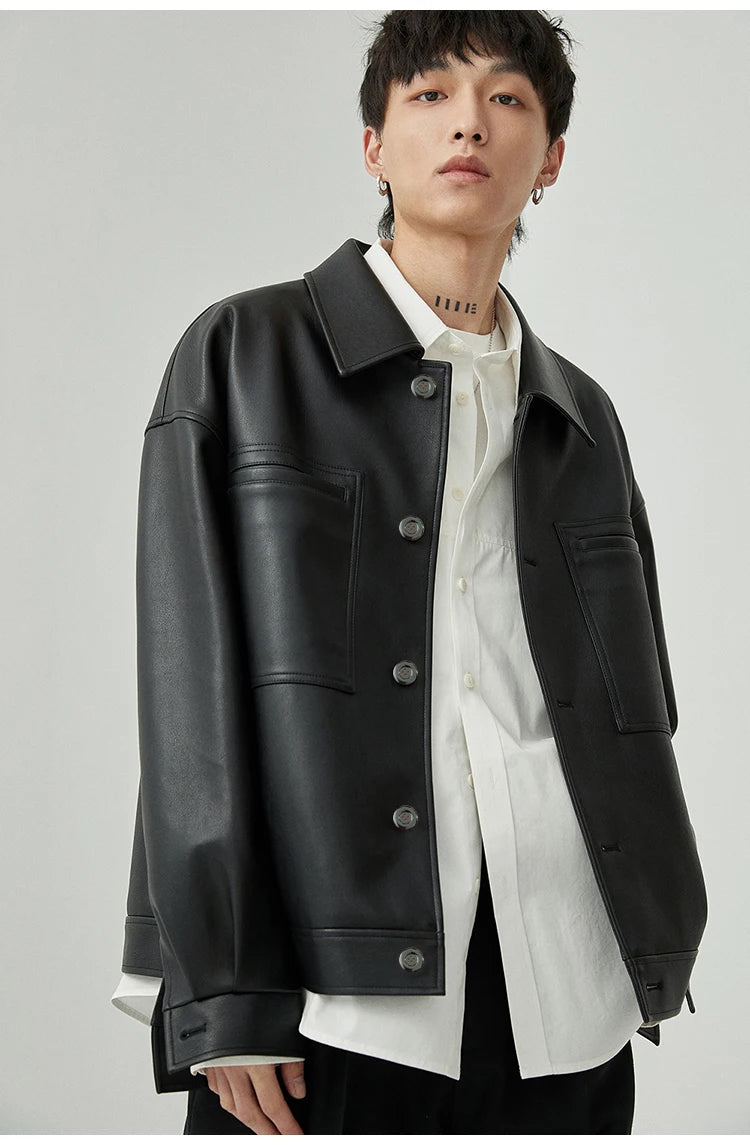 Mauroicardi Spring Autumn Short Oversized Brown Black Soft Faux Leather Jackets for Men Pockets Long Sleeve Korean Fashion 2022