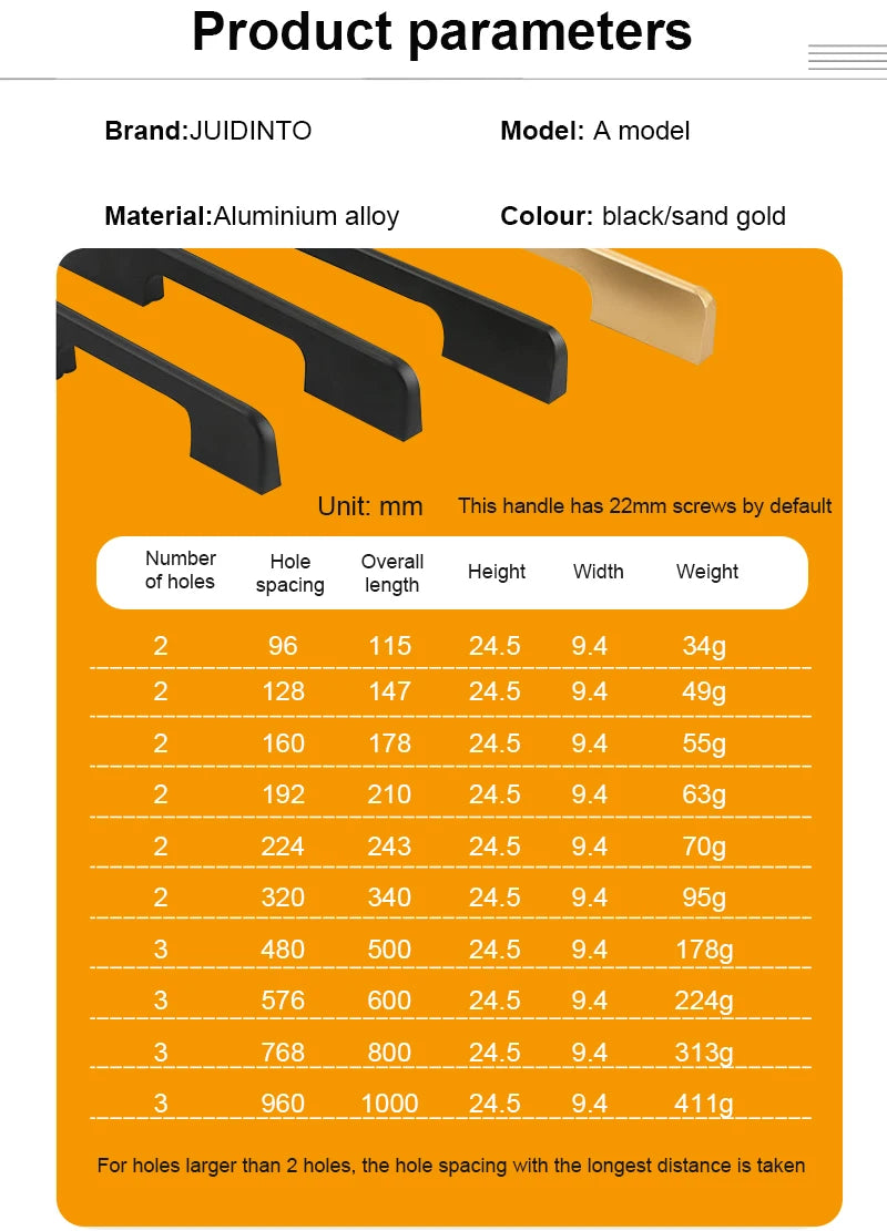 JUIDINTO 1pc Aluminium Cabinet Handle Pulls Black Handle 96-320mm Kitchen Drawer Handle for Furniture Wardrobe Closet