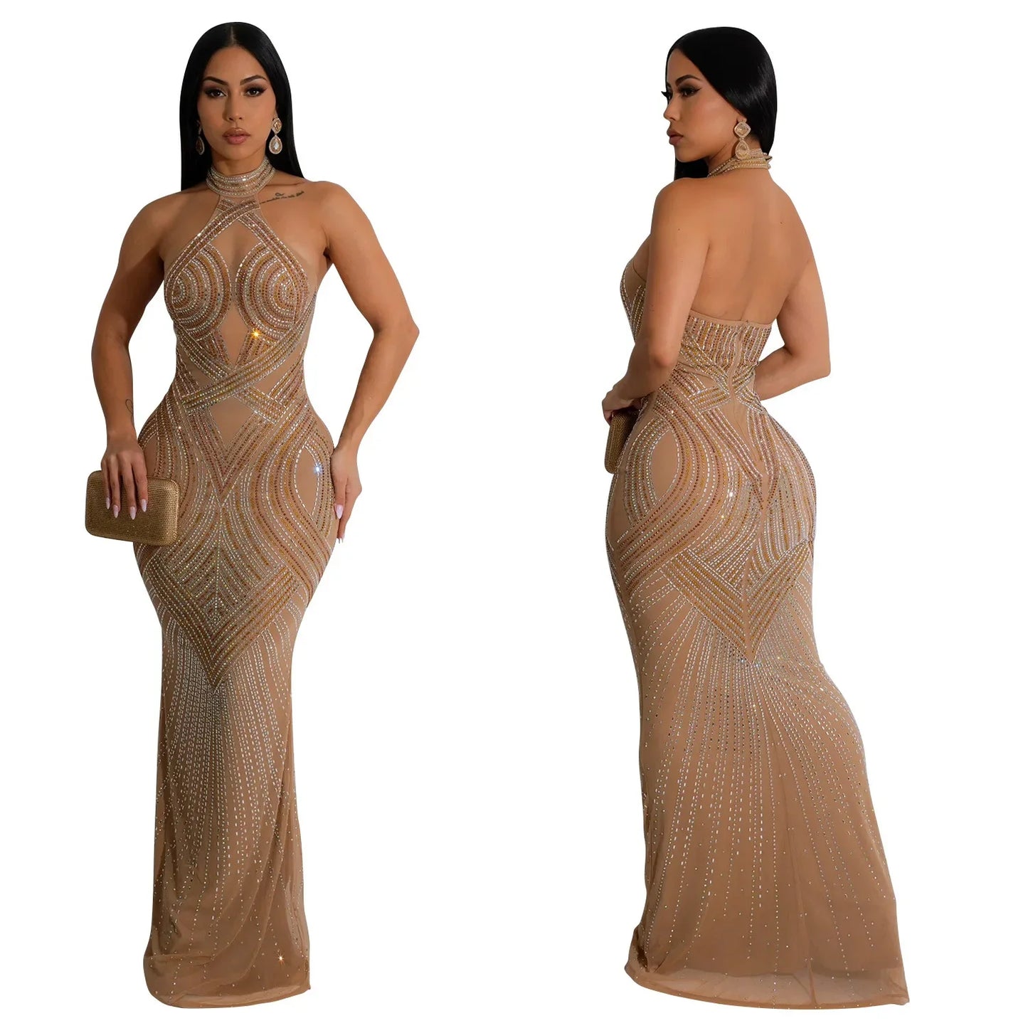 Fashion Women's Wear Solid Color Mesh Hot Rhinestone Halter Maxi Dress Sleeveless Formal Evening Long Dress Skinny Slim