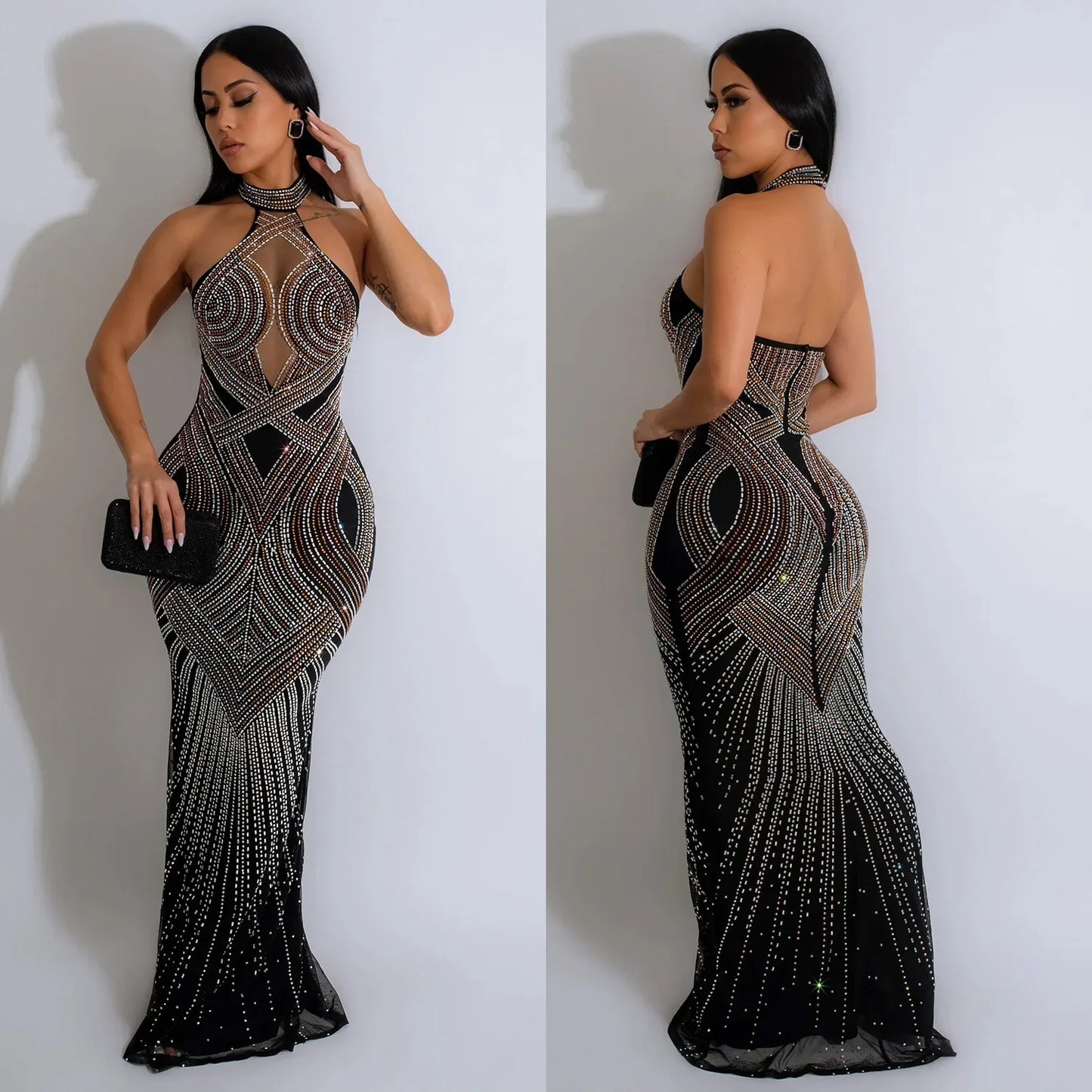 Fashion Women's Wear Solid Color Mesh Hot Rhinestone Halter Maxi Dress Sleeveless Formal Evening Long Dress Skinny Slim