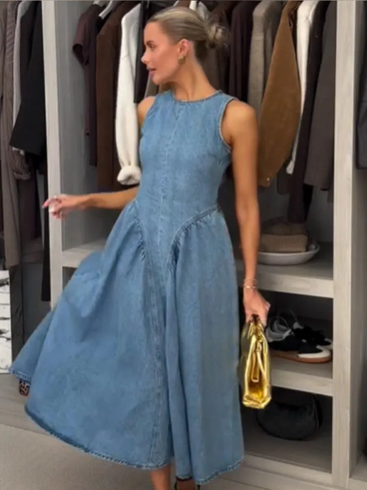 Women Blue Denim Pleated High Waist A-line Long Dress Sexy Backless Sleeveless Lace-up Vestidos Elegant Street Party Dresses