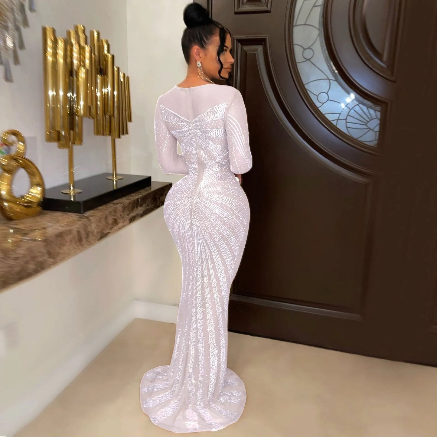 Sexy Rhinestone Crystal Mesh See Through Maxi Dress New Women Long Sleeve Birthday Night Clubwear Long Dress Wedding Party Dress