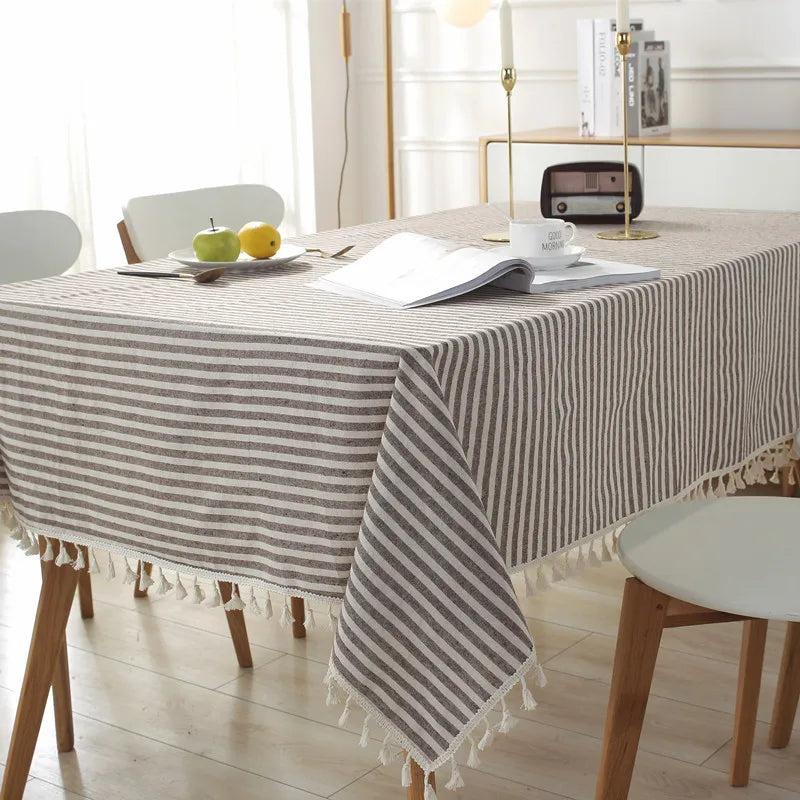 CFen A's Quality Dining Tablecloth Rectangle Cotton Linen Stripe Print Table Cloth Tassels Home Kitchen Banquet Table Cover 1pc