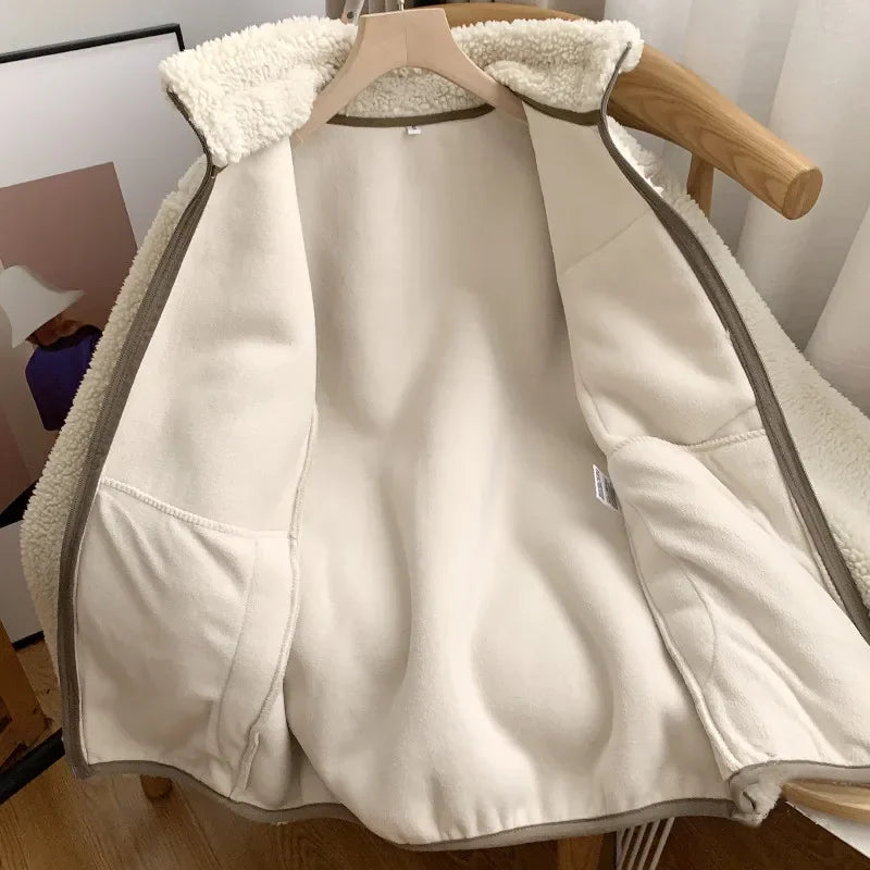 Autumn Winter Lambswool Coat Male Loose Windproof Warm Sherpa Stand Collar Polar Fleece Jacket Unisex Simple  Pocket Spliced Top