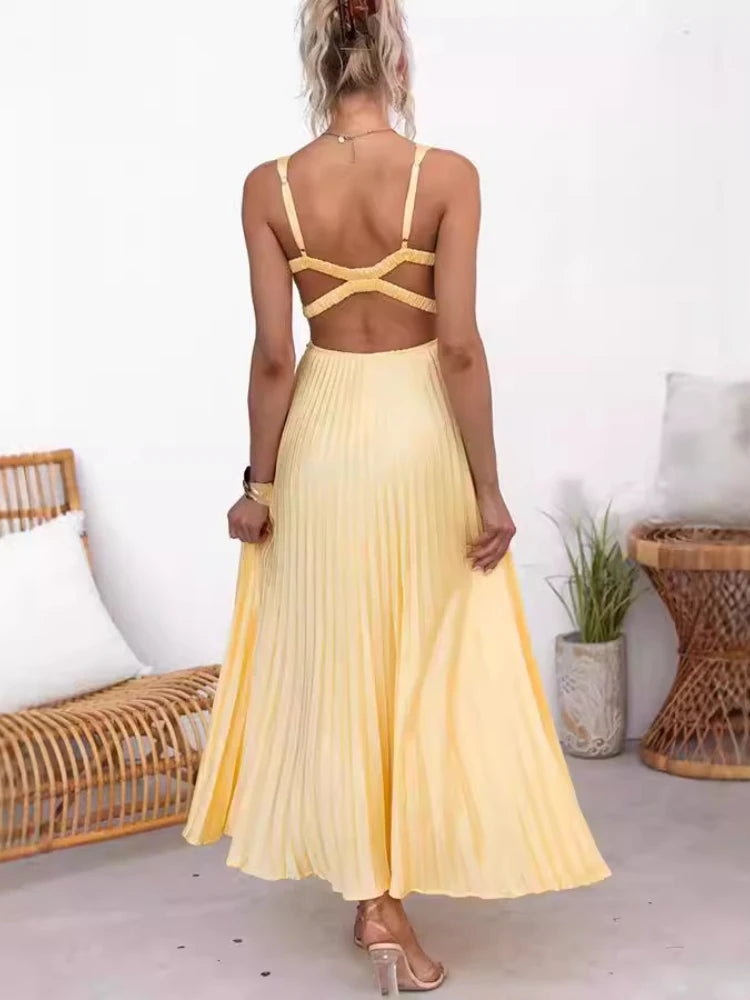 2024 Summer Fashion New Style Women's Elegant Strap Fold Style Loose Solid Color Vacation Style Banquet Style Women's Long Dress