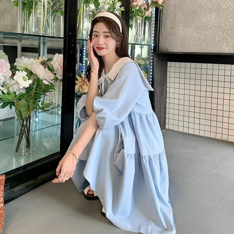Vintage Pleated Lacing Loose Mini Dress Summer New Half Sleeve Solid Color Sweet Casual Dresses Fashion Korean Women Clothing