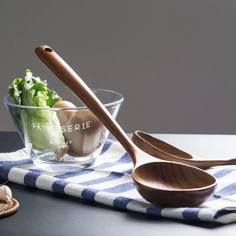 1~9PCS Thailand Teak Natural Wood Tableware Spoon Ladle Turner Long Rice Colander Soup Skimmer Cooking Spoons Scoop Kitchen Tool