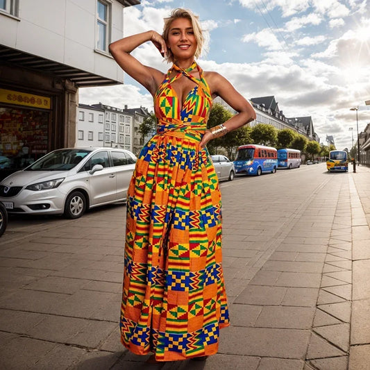 Sexy Sleeveless Dress Women Fashion Off Back African National Print Lady Party Dresses Vintage Casual Long Dress Africa Clothing
