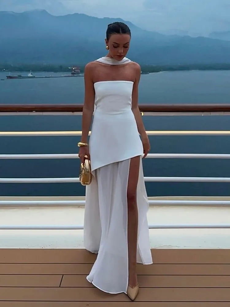 Elegant Yellow Gauze Off Shoulder Scarf Neack Long Dress Women Fashion Sleeveless A-line Vestido 2025 Summer Vocation Party Robe