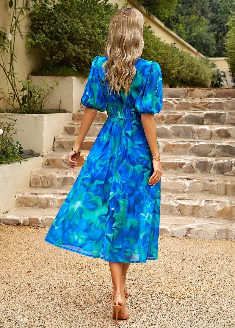 2024 Elegant High Quality Design summer long Dress Waist Cinching V-neck Print Elastic Waist Maxi  Dresses for Women Clothing