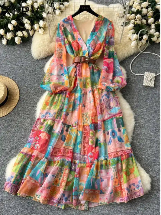 XFPV 2025 Spring New Fashion High-end V-neck Lantern Sleeves High Waist Print Swing Ruffle Edge Chiffon Long Dress Women SM11517
