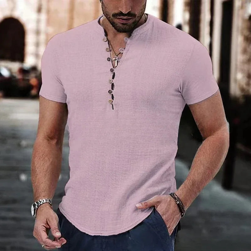 New Men's Short Sleeve T-shirt for Men Button Cotton Linen Shirt Men's Casual Clothes Popular Tops for Men