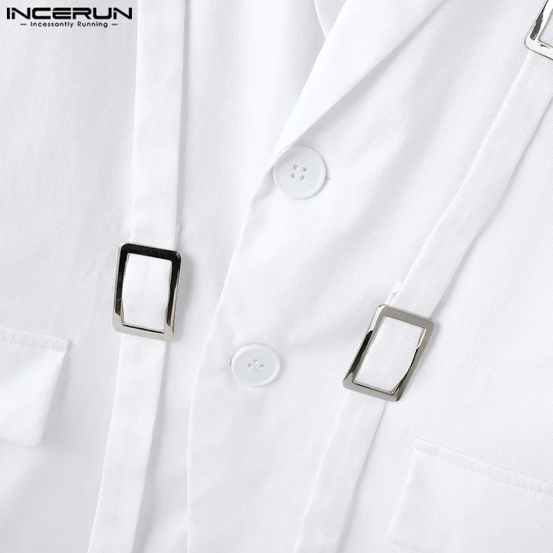 INCERUN Tops 2025 American Style Fashion Men Hollow Button Design Suit Coat Casual Streetwear Solid Long Sleeved Lace Up Blazers