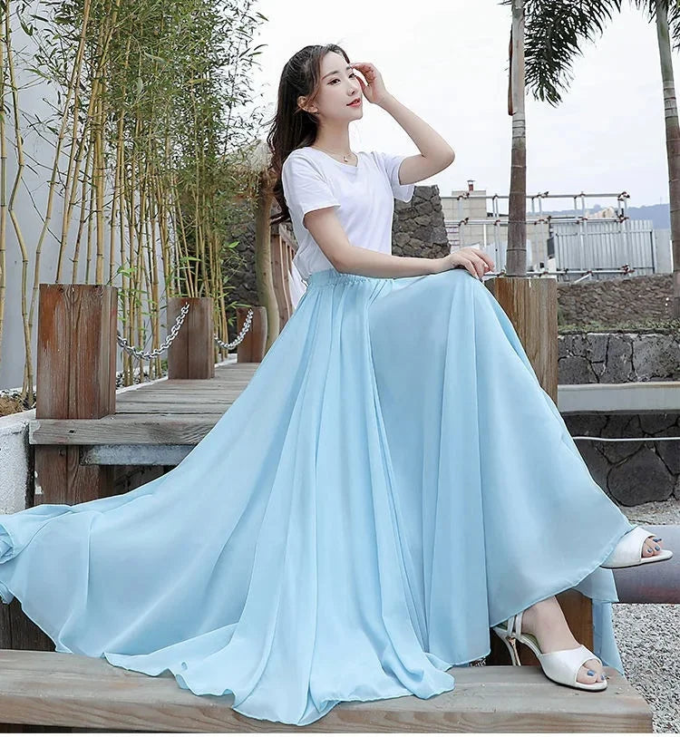 720 Degree Wide Dancing Skirt Chiffon Double Layer Semi-Long Dress Women's Solid Color Xinjiang Dance Skirt