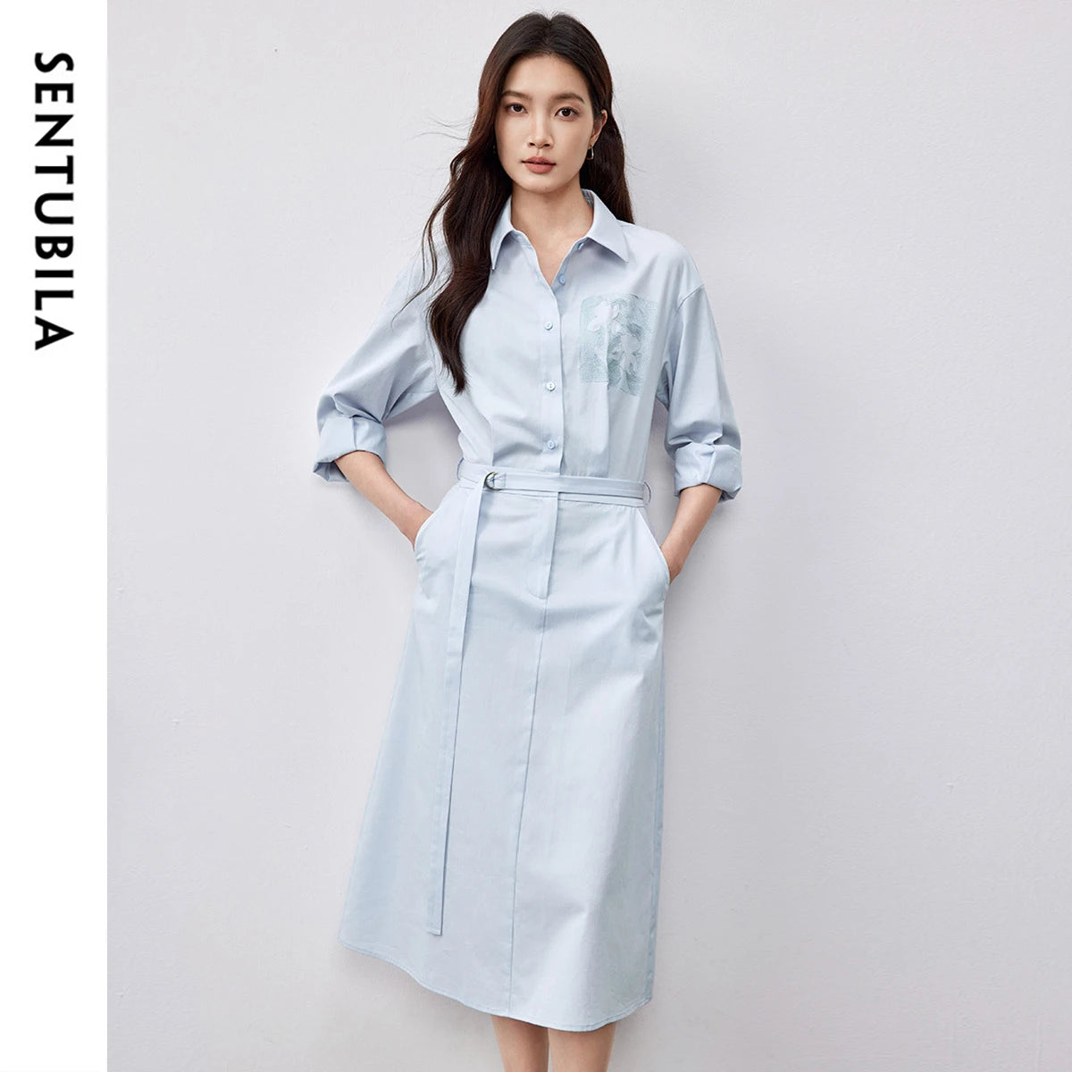 SENTUBILA Lyocell Shirt Dresses Womens 2025 Spring Cotton Embroidery A-line Turn Down Collar Solid Wrap Long Dress 151L58233