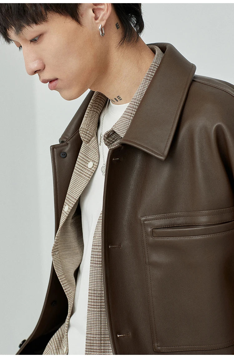 Mauroicardi Spring Autumn Short Oversized Brown Black Soft Faux Leather Jackets for Men Pockets Long Sleeve Korean Fashion 2022