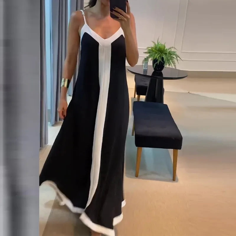Women Casual V Neck Long Dress Summer Chic Stitching Color Loose Hem Dresses Elegant 2024 Backless Sleeveless Sling Maxi Dresses