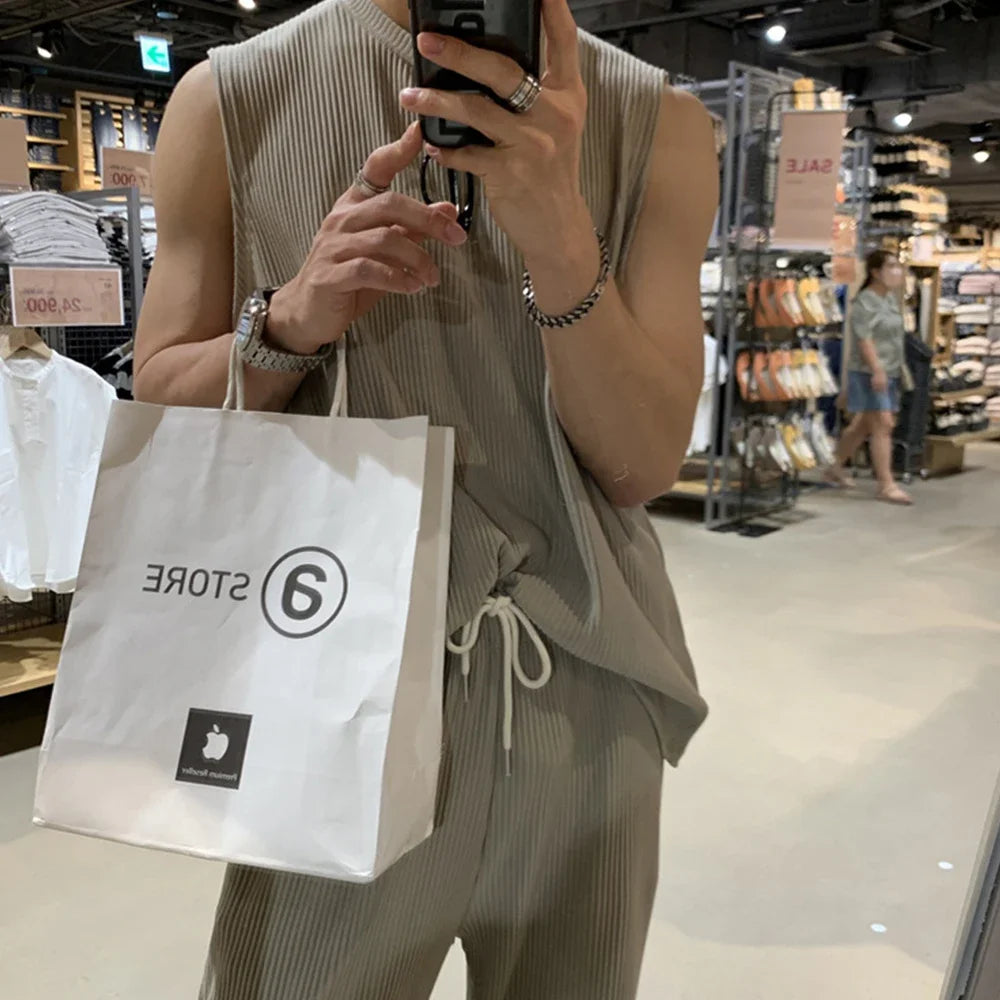 New Summer Clothing Mens Casual Tank Tops Set Luxury Korean Streetwear O Neck Solid Drape Vest and Trousers 2 Piece Suit