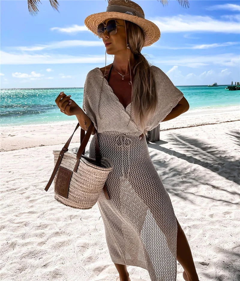 2024 White Crochet Tunic Bikini Cover-ups Sexy Hollow Out Long Dress V neck Women Summer Clothes Beach Wear Knitted Cover Up