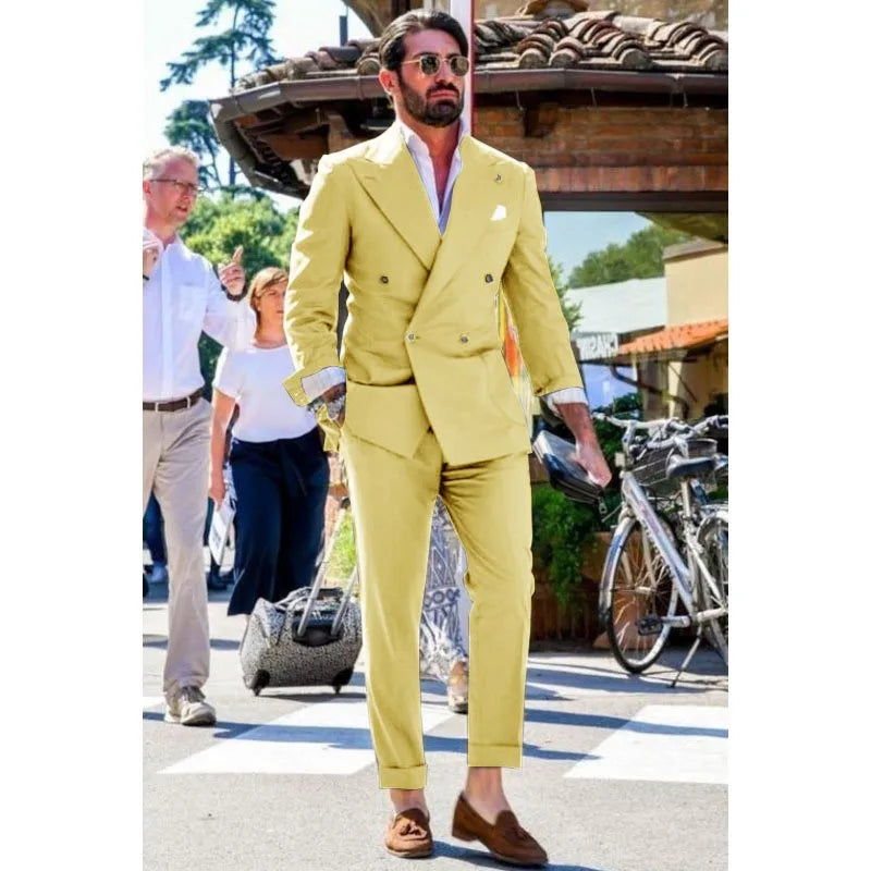 Men's Suit Two-piece Solid Color Double Breasted Fashion Spike Lapel Slim Fit Cropped Pants Casual Business Party Suits 2023