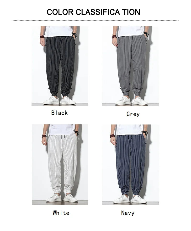 Four Seasons Men Disc Buckle Striped Harem Pants Breathable Cotton Linen Pencil Pants Buckle Casual Bloomers Fashion Trousers