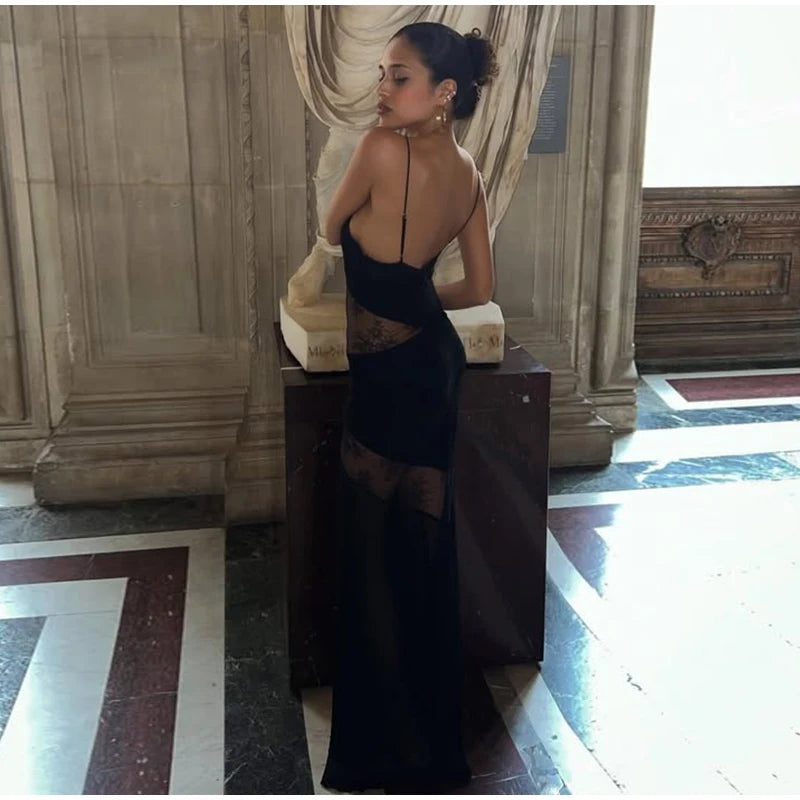 New Sexy Lace V-neck Sling Long Dress Women Retro Black Perspective Sleeveless Patchwork Maxi Dresses Female Chic Street Party